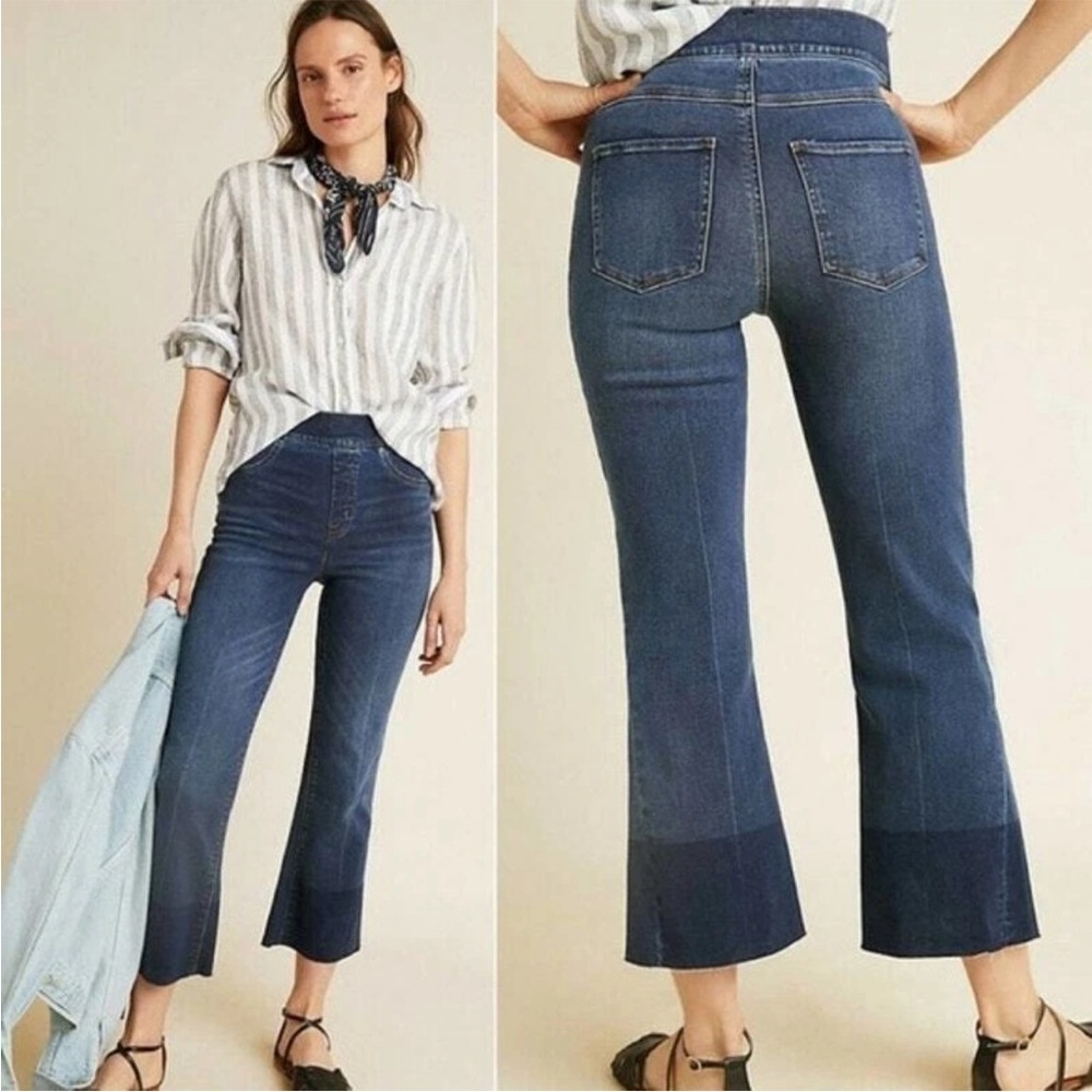 Spanx 20231r Cropped Flare Denim Jeans Size Medium Medium Wash Dip Dye Raw Hem